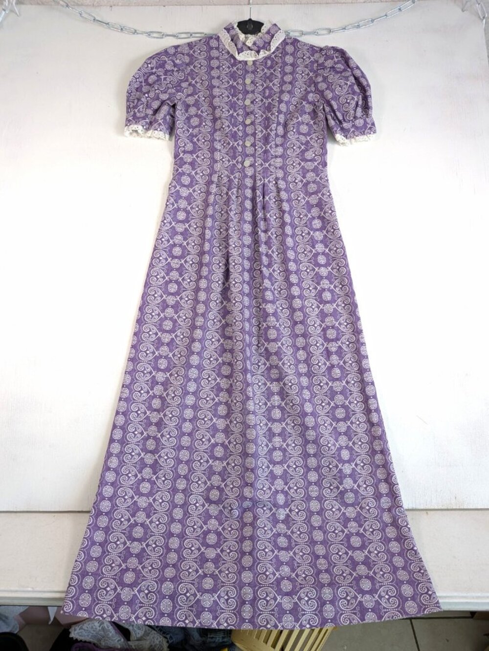 Vintage 70s Style Prairie Maxi Dress Purple Paisley Puff Sleeve High Neck Lace S